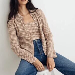 Madewell Women's Crinkle Slim Button-Up Shirt in Plaid Size 00 Brown Whi…